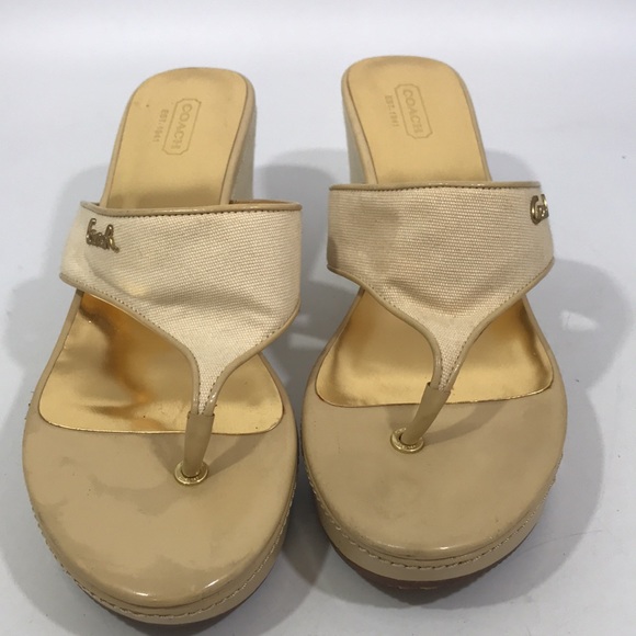 Coach sandals Felicia size 8.5B cream tan gold 3 1/2” heel - Picture 2 of 11